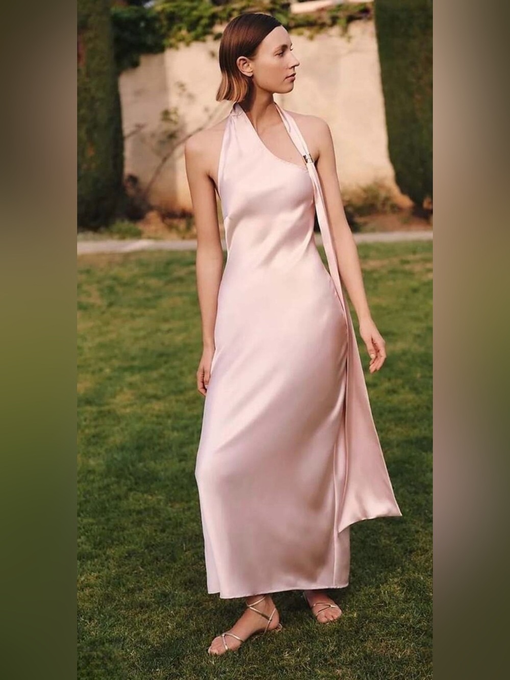 Anthropologie One-Shoulder Satin Slip Dress - Light Pink